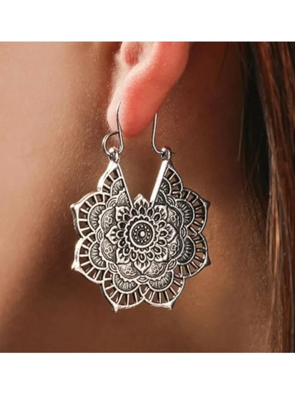 Mandala Style Silver Drop Earrings Lightweight Boho Floral Design